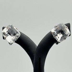 Vintage Sterling Silver Prong-Set Large Faceted Crystal Clip-On Earrings, Marked